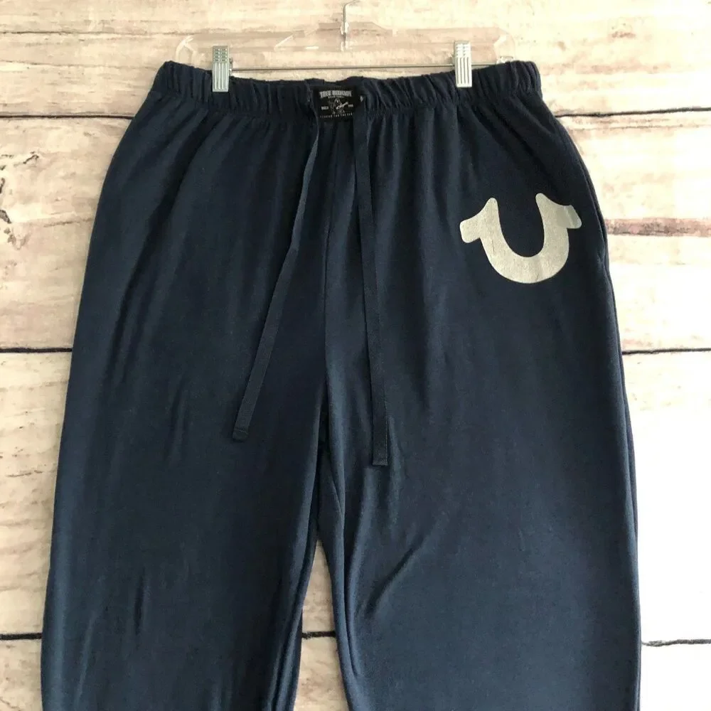 True Religion Loungewear Pants Mens M Blue Drawstring Logo Jogger Sweatpants